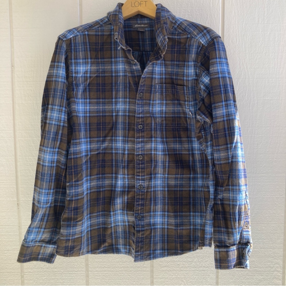 Eddie Bauer Men's Large Plaid Flannel Blue and Brown Button Down Shirt